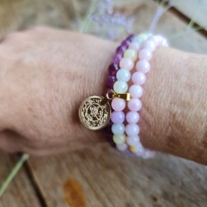 Handgemaakte drie laags edelsteen armbanden – rozenkwarts – kersen kwarts – morganiet – 3st