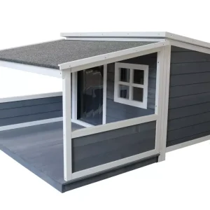 Houten hondenhok met schuin dak en terras