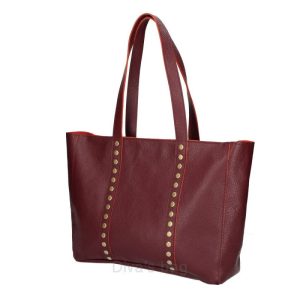 Maxi leren tas met messing studs – brede schouderband – shopper – kleur BORDEAUX