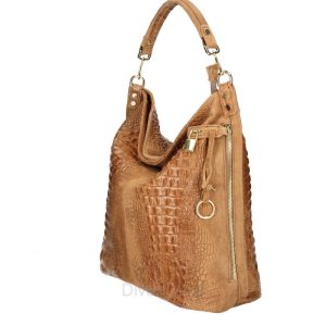 MAXI 100% lederen tas – met Krokodilprint – gouden accessoires –  ritssluiting – COGNAC kleur