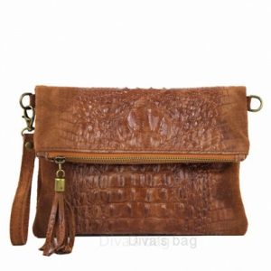 100% suede tas met krokodillenprint – clutch schoudertas – binnen zak – kleur BRUIN
