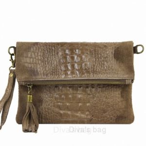 100% suede tas met krokodillenprint – clutch schoudertas – binnen zak – kleur DONKER TAUPE