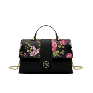 Eco gerecycled leer schouder tas – handvatten en ketting schouderriem – prachtige rozekleurige bloemen patroon