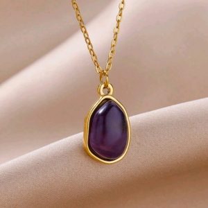 Mooi elegante mini boho ketting van Amethist kwarts – roestvrij staal in goud kleur 1st