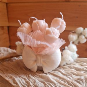 Handgemaakte mini soja kaarsen bouquet – 6 bloemen en een kleien gips vaasje – elegante geur – ecologische wax 7st