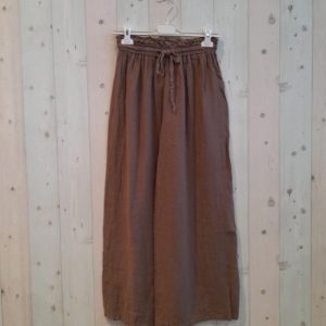 Linnen broek met brede pijpen – elastische talie – kleur BRUIN – Maat 38/40