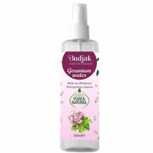 Biologische Bloemenwater van Geranium – Pelargonium graveolens – droge en geïrriteerde huid – breekbaar haar 200 ml.