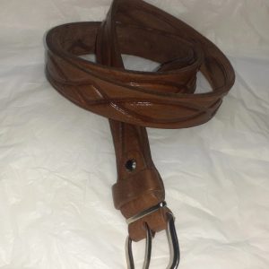 Leren heren smalle riem met patroon – staal gesp – DONKER BRUIN kleur