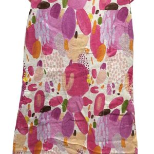 Linnen vrolijke jurk – kapmouwen – zijzakken – getailleerd – kleur ROZE bloemen – maat 40