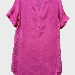 Puur linnen jurk – korte mouwen – knoppen – zijkant band – kleur ROZE – maat 44