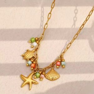 Boho kleurrijke ketting in gouden tinten – leuke hangers – roestvrij staal