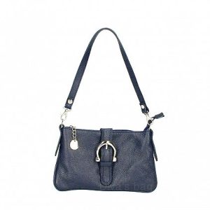 Leuke kleine leren tas – korte afneembare hand vatten – zilver hanger – ritesluiting – kleur DONKER BLAUW