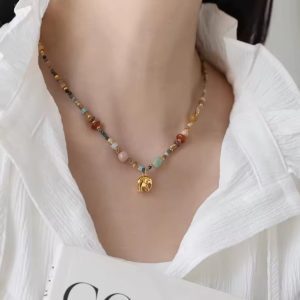 Kleurrijke edelsteen ketting met Olifant hanger – jade – jaspis – Rhodoniet – zomer collier