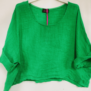 Luchtige linnen korte – crop top – ronde hals – raglan mouwen kleur GRAS GROEN – one size