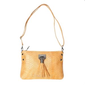 Leuke 100% leren crutch tas – pythonprint – franje – ritssluiting – schouderband – COGNAC