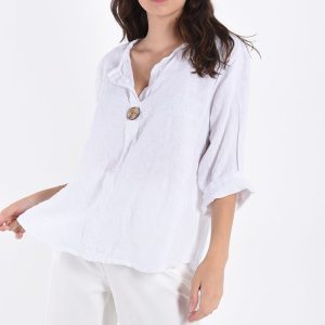Elegante linnen bloes met 3/4 mouwen en een v-hals maat 42