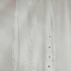Puur linnen mouwloze jurk met knoppen en ronde hals, – korte zomer jurk – kleur WIT – Maat 38