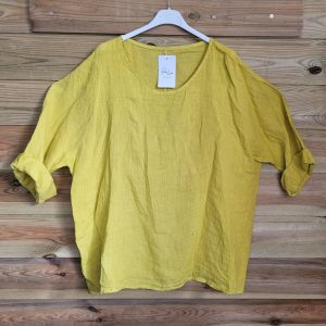 Linnen top met vlinder mouwen en ronde hals kleur GEEL, maat 44