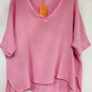 Linnen top met korte mouwen en v-hals – kleur ROZE – one size