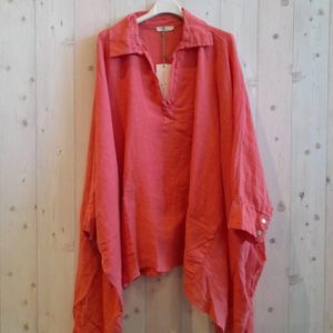 Oversized Linnen blouse met lange mouwen – krag en V-hals – voor steek zakken – kleur Terracotta