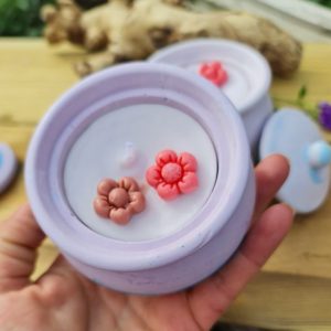 Handgemaakte geurende kaars in een gips pot met deksel – organisch soja wax – Rouge satijn geur – 110gr kaars