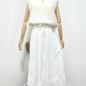 Heerlijke maxi linnen rok – met volants – elastische talie – aantrekkoord kleur WIT – maat 40/42