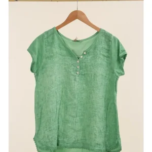 Luchtige linnen mix top – kapmouwen – katoenen kant – knoppen voor kant – GROEN – maat 40