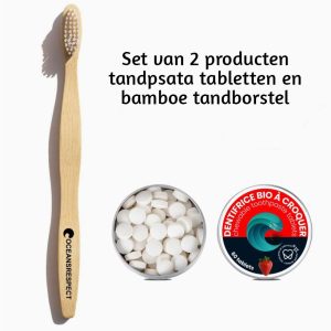 Set van 2 producten Duurzaam bamboe Zero waste- tandborstel – tabletten handpasta AARDBEI 60 stuks