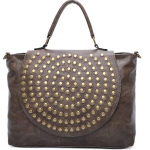 Schouder tas Van Imitatieleer Met Ritssluiting Met Schouderband Met metalen noppen DONKER BRUIN kleur