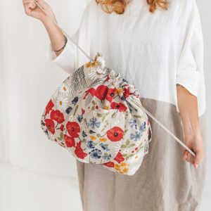 Handgemaakte Linnen emmertas met wilde bloemen – aantrekkoord – voor zak – schouderband