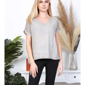 Linnen mix top met raglan korte mouwen – katoen met textuur – v-hals – kleur KAKI – maat 42/44