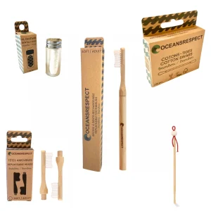 Set van 5 producten Duurzaam bamboe Zero waste- tandborstel met verwisselbare koppen – oor reiniger – tandzijde van maïsvezel 5 stuks
